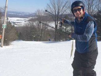 WRVO reporter Payne Horning trying his hand a skiing at Toggenburg Mountain in Fabius last year. Photo courtesy of Pam Cantine.